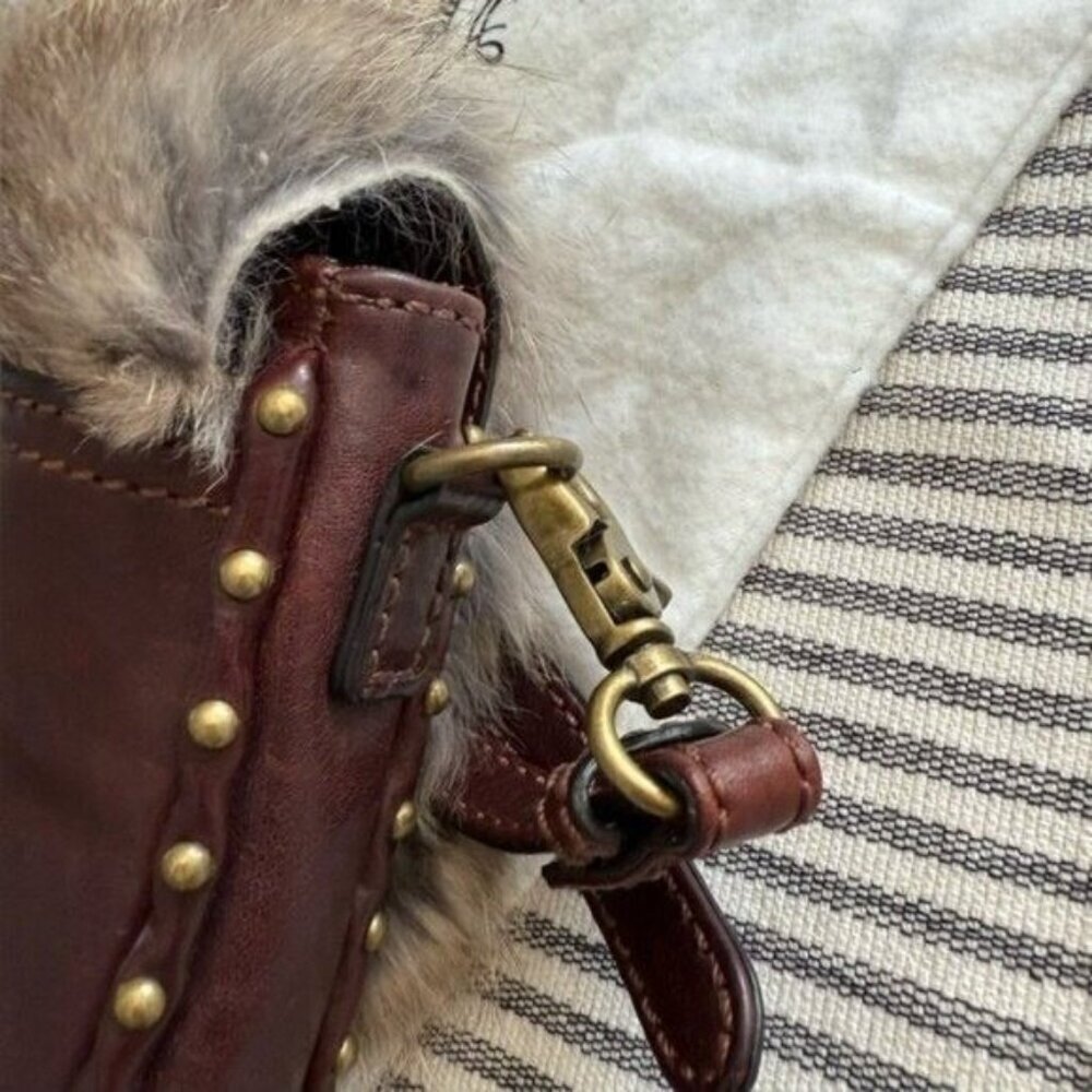 Frye Roxanne Rabbit Fur Genuine Leather Stud Studded Crossbody Bag Purse Brown • - Picture 10 of 12
